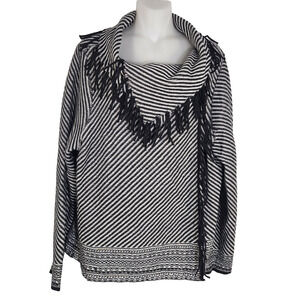 Chicos Cardigan Wrap Open Ski Trails Demi Jacquard Black Fringe Size 3 US XL